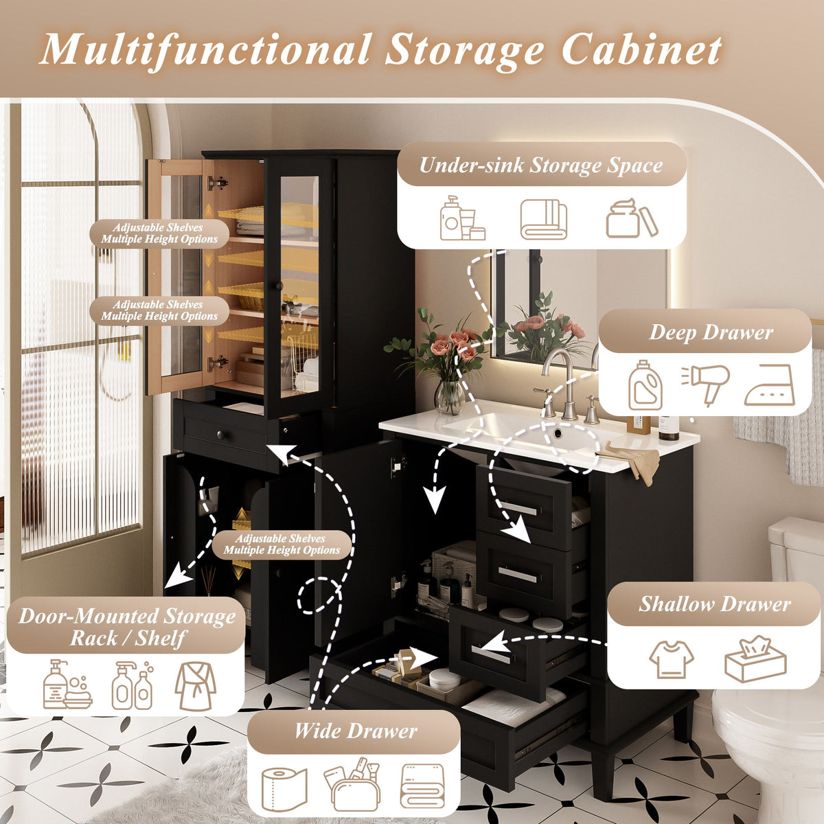 Bathroom Vanity & Tall Storage Cabinet Set With Doors, Adjustable Shelves, Soft Close Hinges, Sink