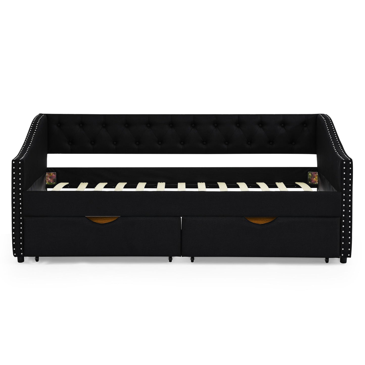 Upholstered Tufted Daybed With 2 Drawers, Waved Arms