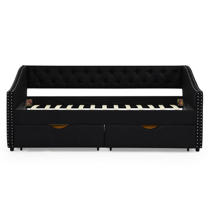 Upholstered Tufted Daybed With 2 Drawers, Waved Arms