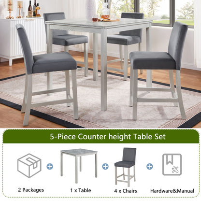 5 Pieces Counter Height Table Set, Kitchen Table With Square Table And 4 Upholstered Chairs