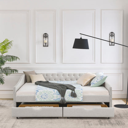 Upholstered Tufted Daybed With Drawers, Waved Arms