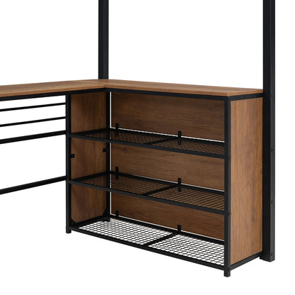 Loft Bed & 3 Layers Of Shelves And L-Shaped Desk