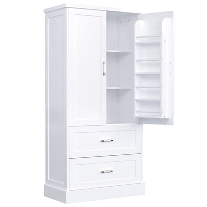 Tall Bathroom Storage Cabinet With 2 Doors And Drawers, Adjustable Shelf
