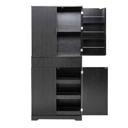 Fluted Kitchen Pantry Cabinet With 3 Keyboard Drawers & 6 Door Shelves Adjustable