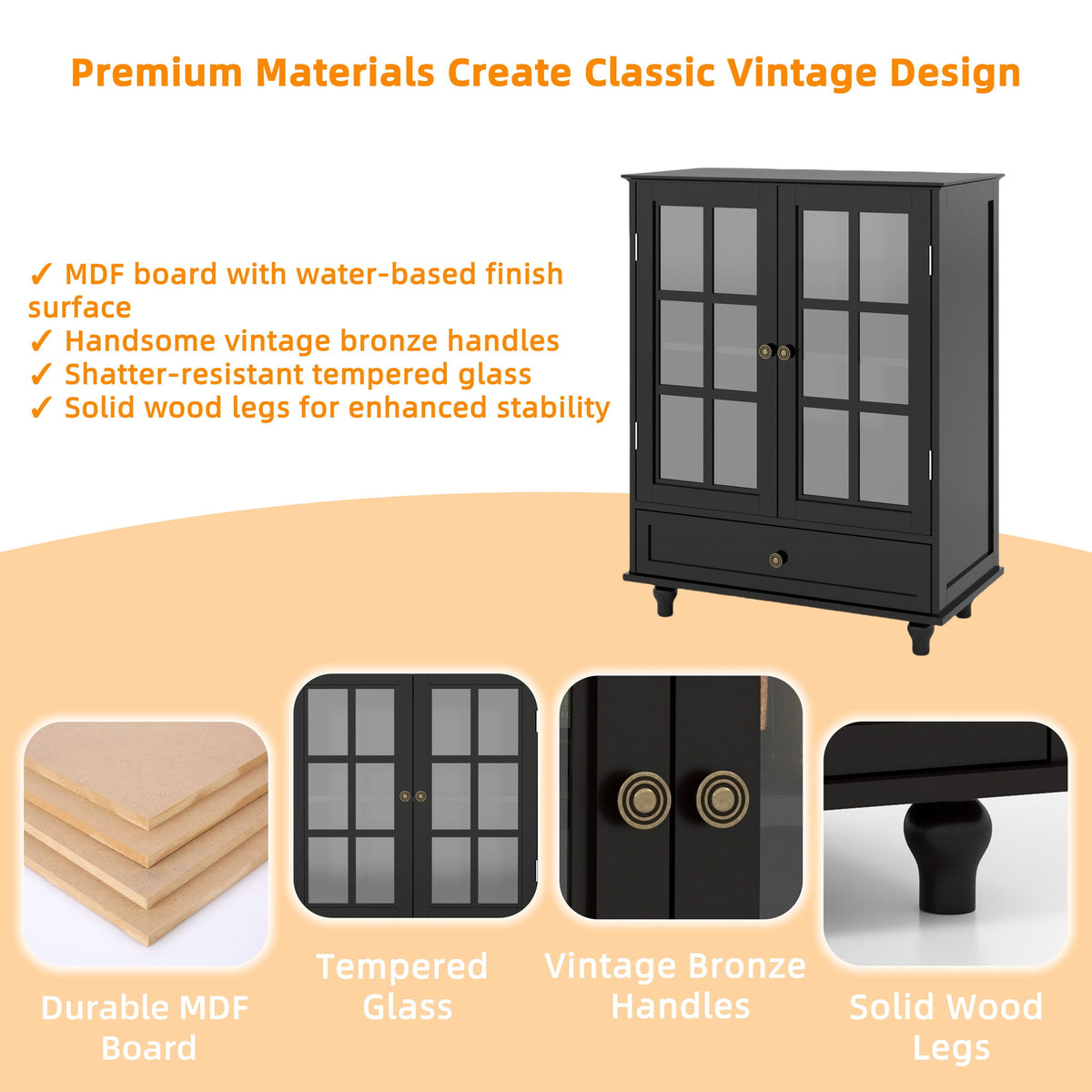 Minimalist Buffet Cabinet With Double Glass Doors And Drawer