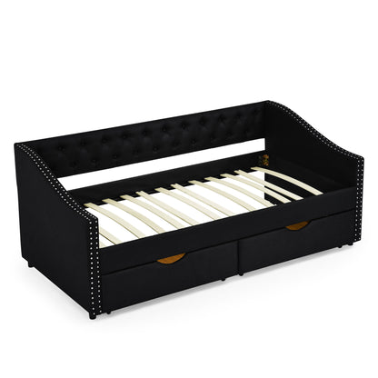 Upholstered Tufted Daybed With 2 Drawers, Waved Arms