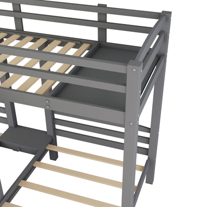 Twin Over Twin & Twin Bunk Bed With Built In Staircase And Storage Drawer - Gray