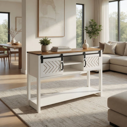 Entryway Table With Sliding Barn Door Storage - White / Oak