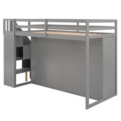 Loft Bed With 3 Shelves, 2 Wardrobes, 2 Drawers, Ladder Storage