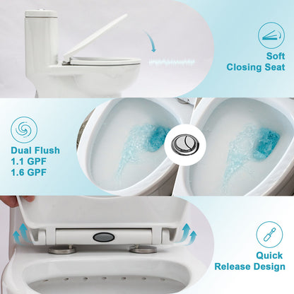 1 Piece Toilet For Bathroom, Dual Flush, Soft Closing Seat - White