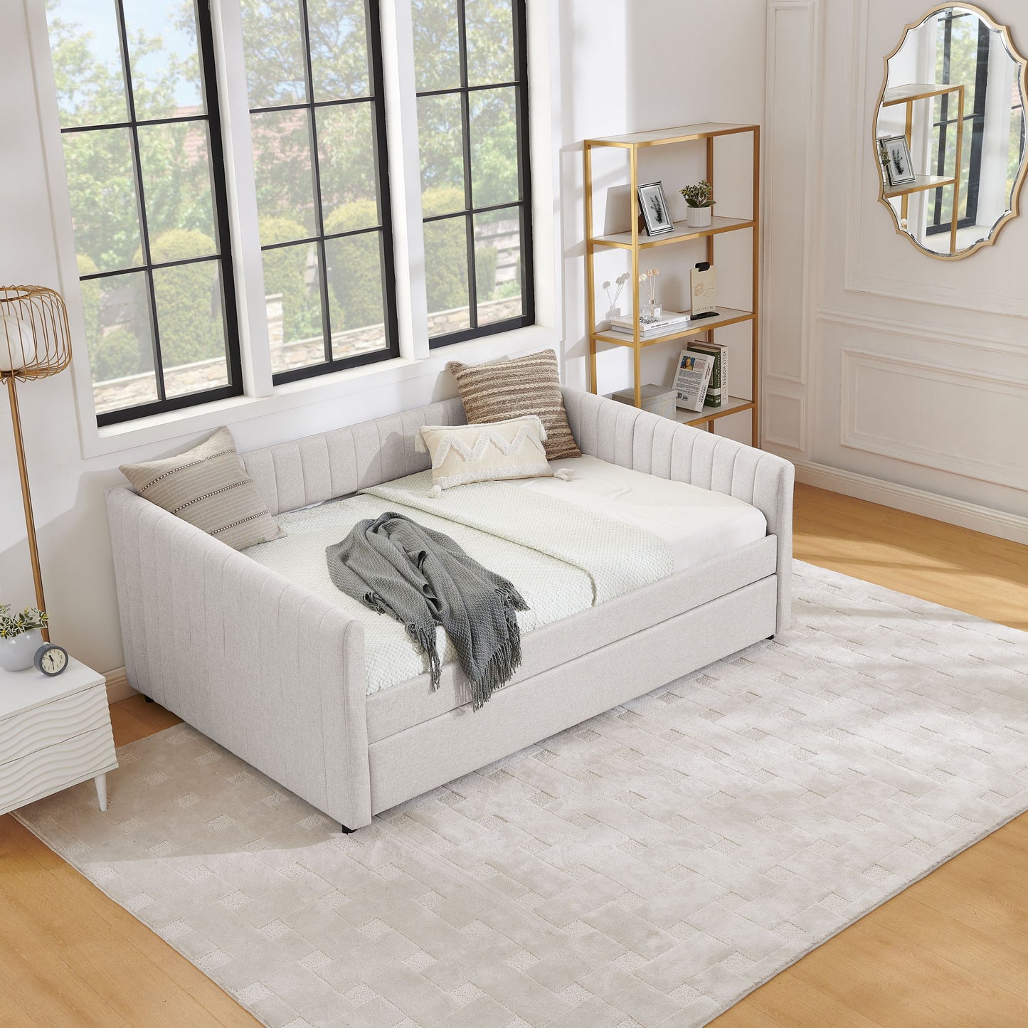Upholstered Daybed With Trundle With Vertical Stripes