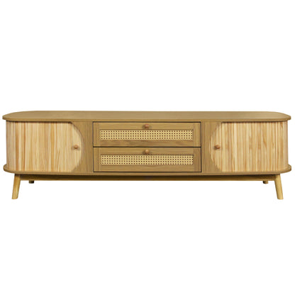Rattan TV Stand For Tvs Up To 75'', Modern Farmhouse Media Console, Entertainment Center With Legs, TV Cabinet For Living Room, Home Theatre - Natural Wood