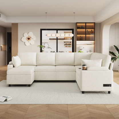 U-Shaped Sectional Sleeper Sofa With Ample Storage Space, 2 Cup Holders And Charging Ports For Living Room