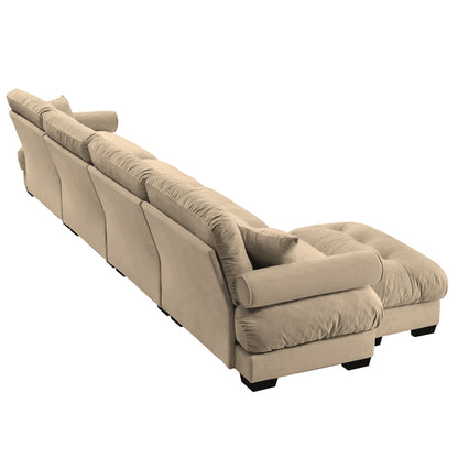 Modern Sectional Sofa With Ottoman, Round Bolster Armrests, Waist And Throw Pillows