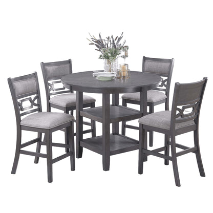 5 Piece Counter Height Dining Set With Storage Shelves Round Table And Upholstered High Chairs - Gray