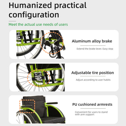 Premium Lightweight Foldable Sport Wheelchair All Body Sturdy & Comfortable 250Lbs Capacity Easy Folding 24" Sports Tires Perfect For Outdoor - Black / Green
