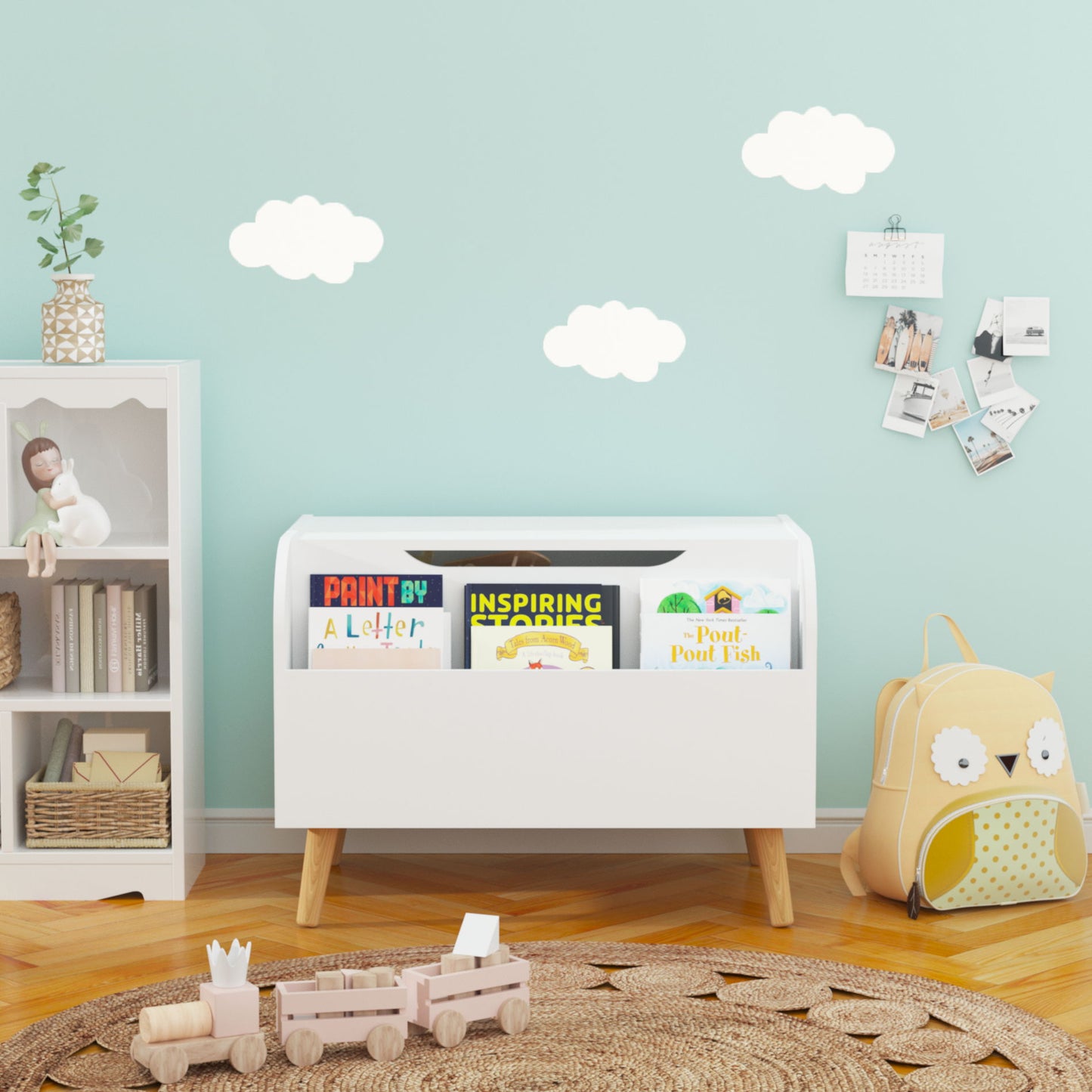 Toy Box With Front Bookshelf, Flip Top Lid, Safety Hinge For Kids Room Organization - White