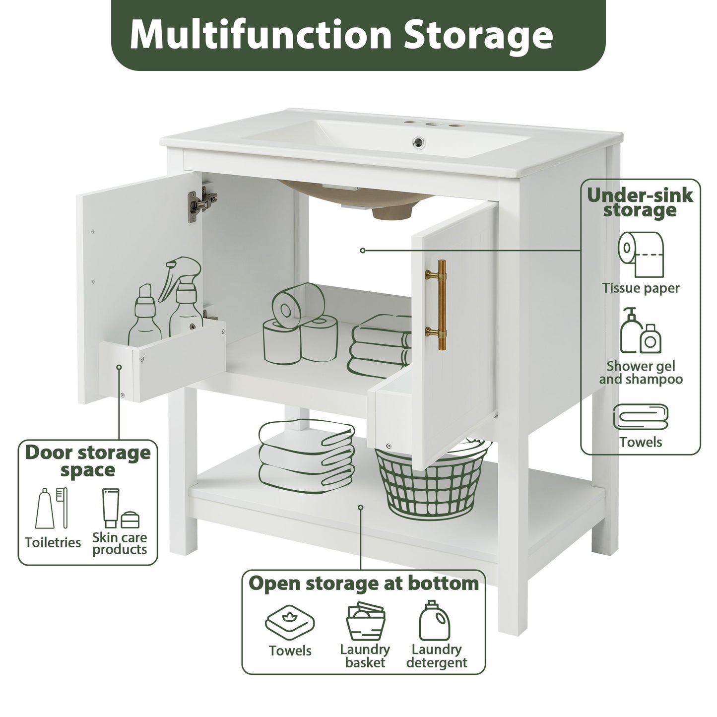 Elegant Bathroom Vanity With Ceramic Sink And Versatile Storage