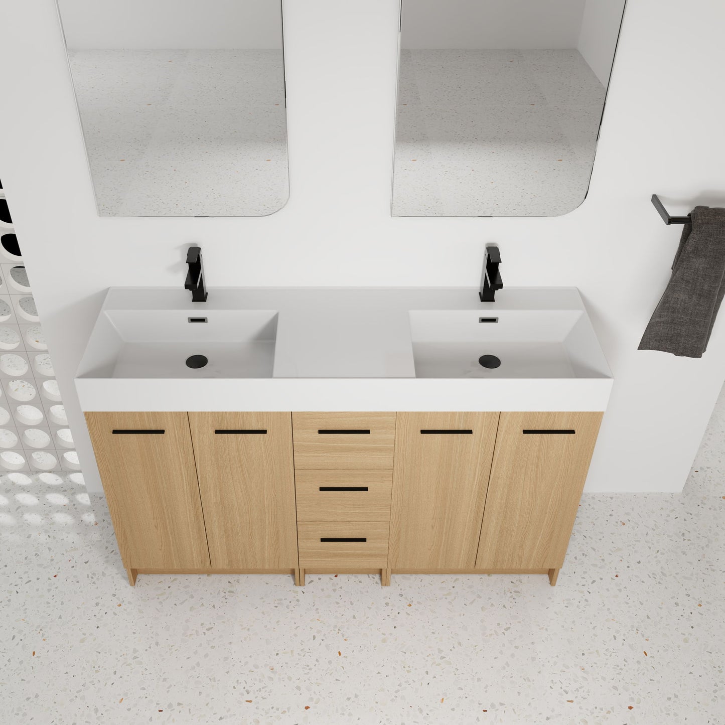Double Sink Bathroom Vanity With 3 Drawers, Large Storage, Integrated Sink, Freestanding Cabinet, Soft Close Hardware - Glossy White / Light Oak