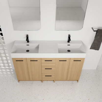 Double Sink Bathroom Vanity With 3 Drawers, Large Storage, Integrated Sink, Freestanding Cabinet, Soft Close Hardware - Glossy White / Light Oak