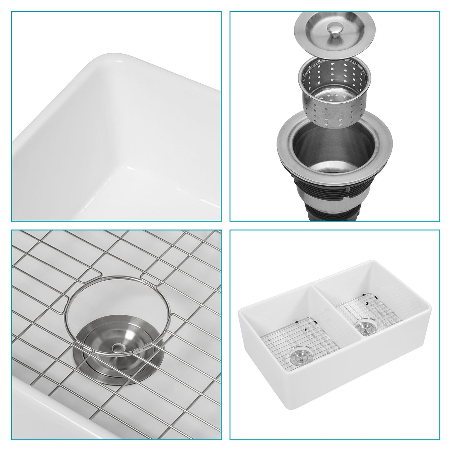 Sink 33" Double Bowl Kitchen Sink With Deep Bowls And Grids - White