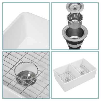 Sink 33" Double Bowl Kitchen Sink With Deep Bowls And Grids - White