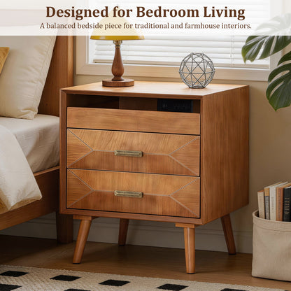 Nightstand With Charging Station, 2 Drawers And Open Shelf, USB / Type C Ports