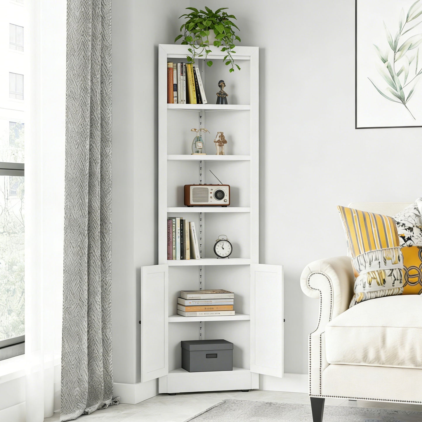 Tall Corner Storage Cabinet With 2 Doors, 5-Tier With Adjustable Shelves, Freestanding - White