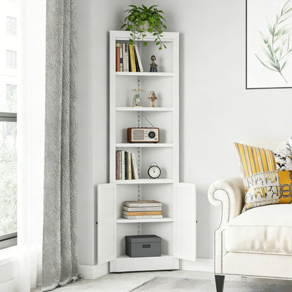 Tall Corner Storage Cabinet With 2 Doors, 5-Tier With Adjustable Shelves, Freestanding - White