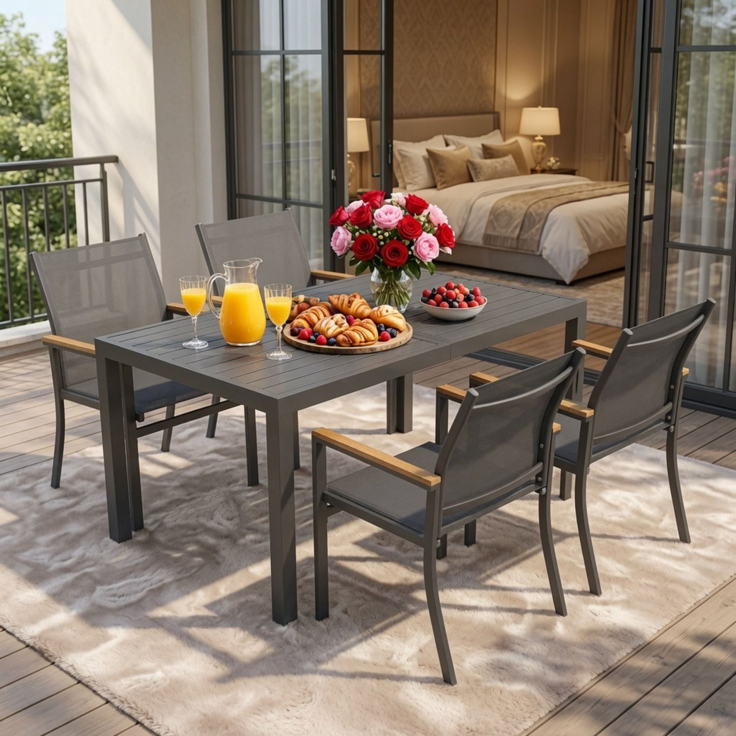 5 Piece Gray Aluminum Patio Dining Set With Textilene Chairs For Outdoor Use