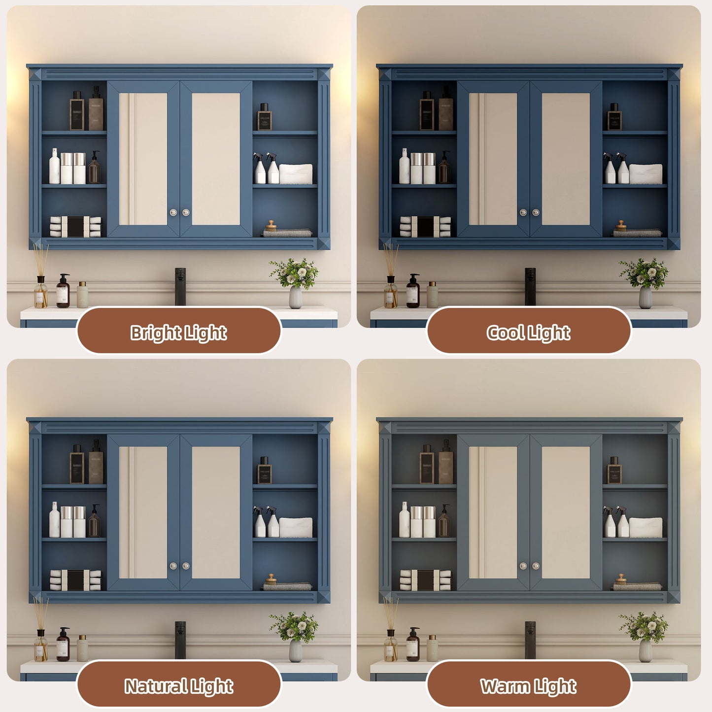Wall-Mounted Mirror Cabinet With Adjustable Shelf And Open Shelves