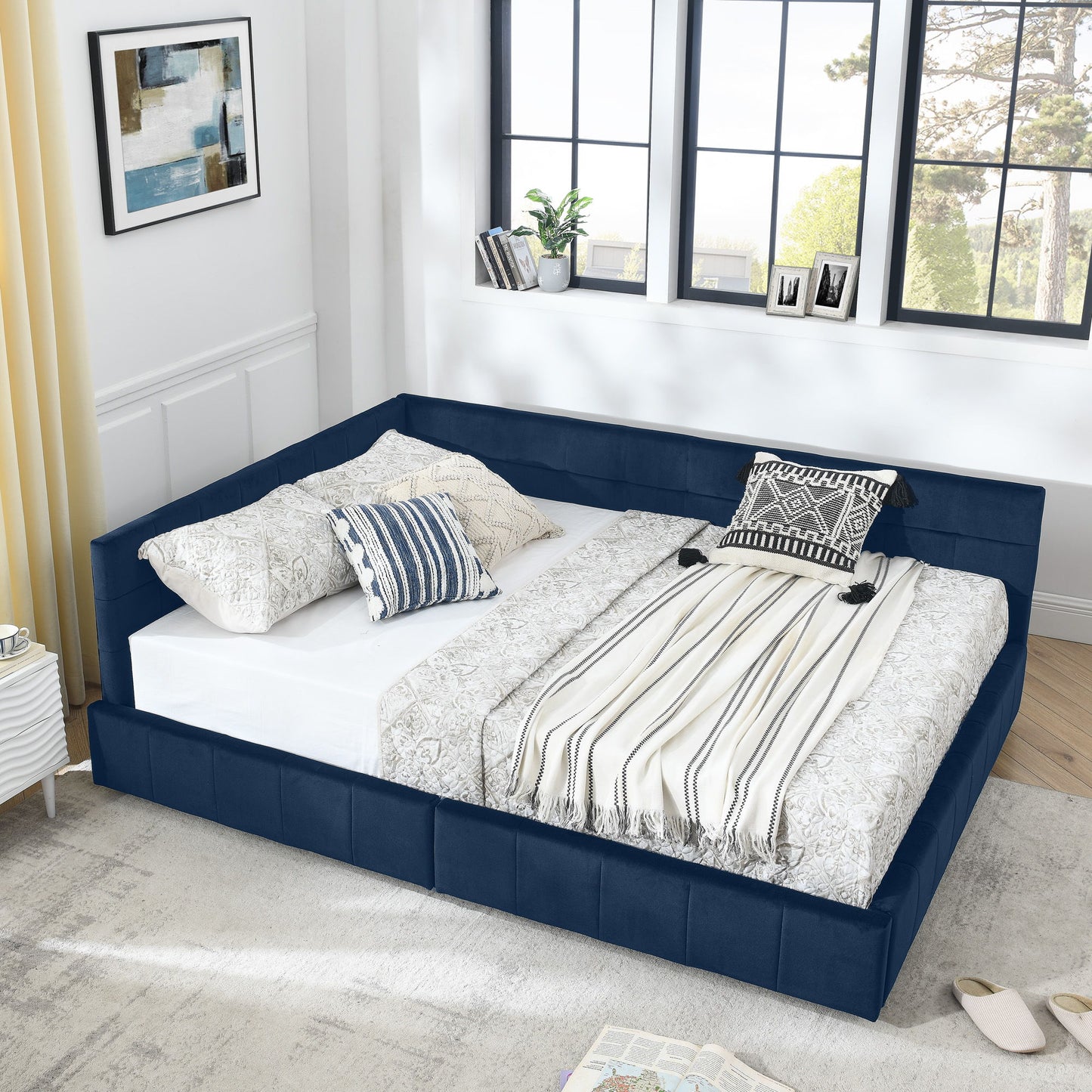 Upholstered Bed Frame With Tufted Backrest And Armrests