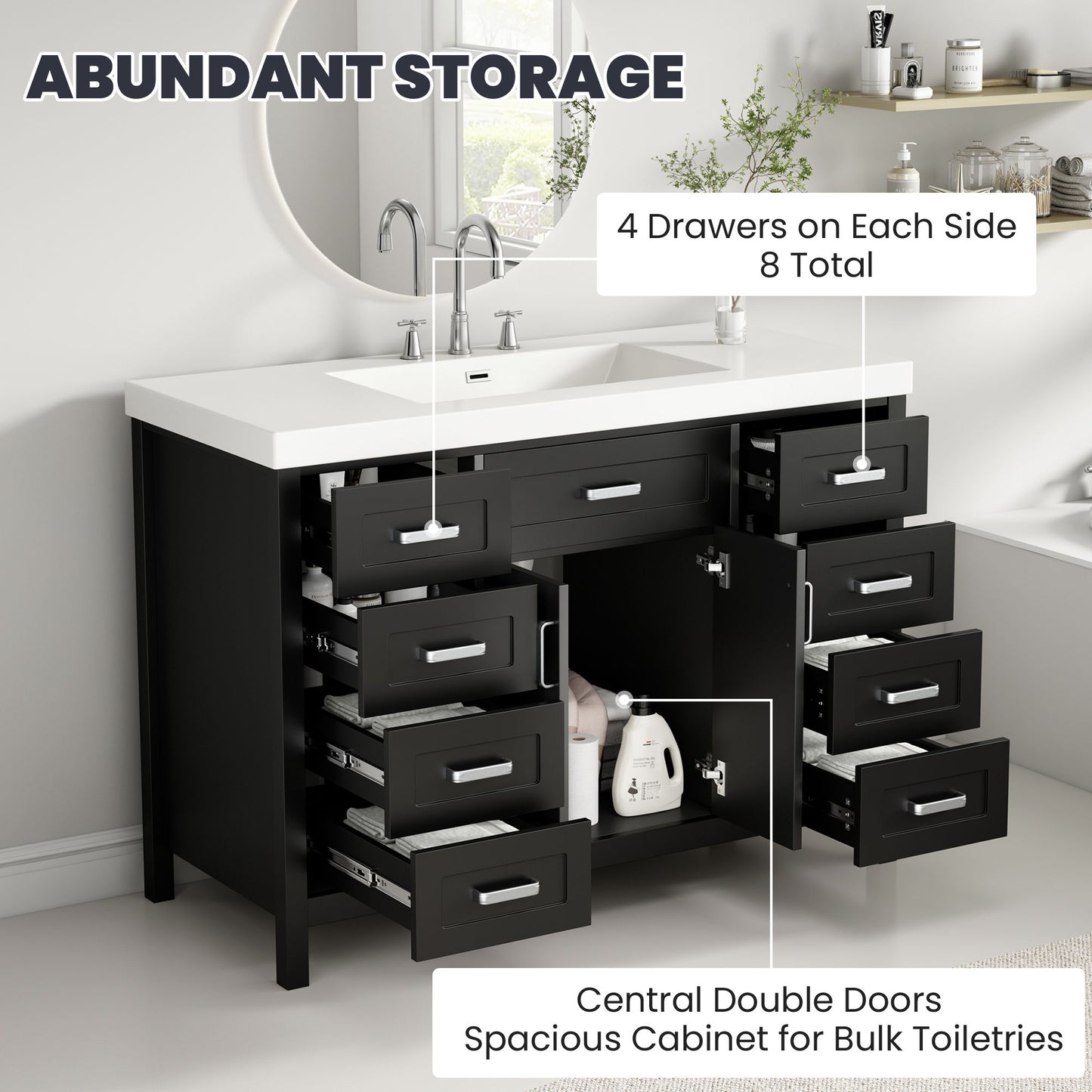 Bathroom Vanity With Sink, 2 Doors 8 Drawers, Soft Close System, Classic Design