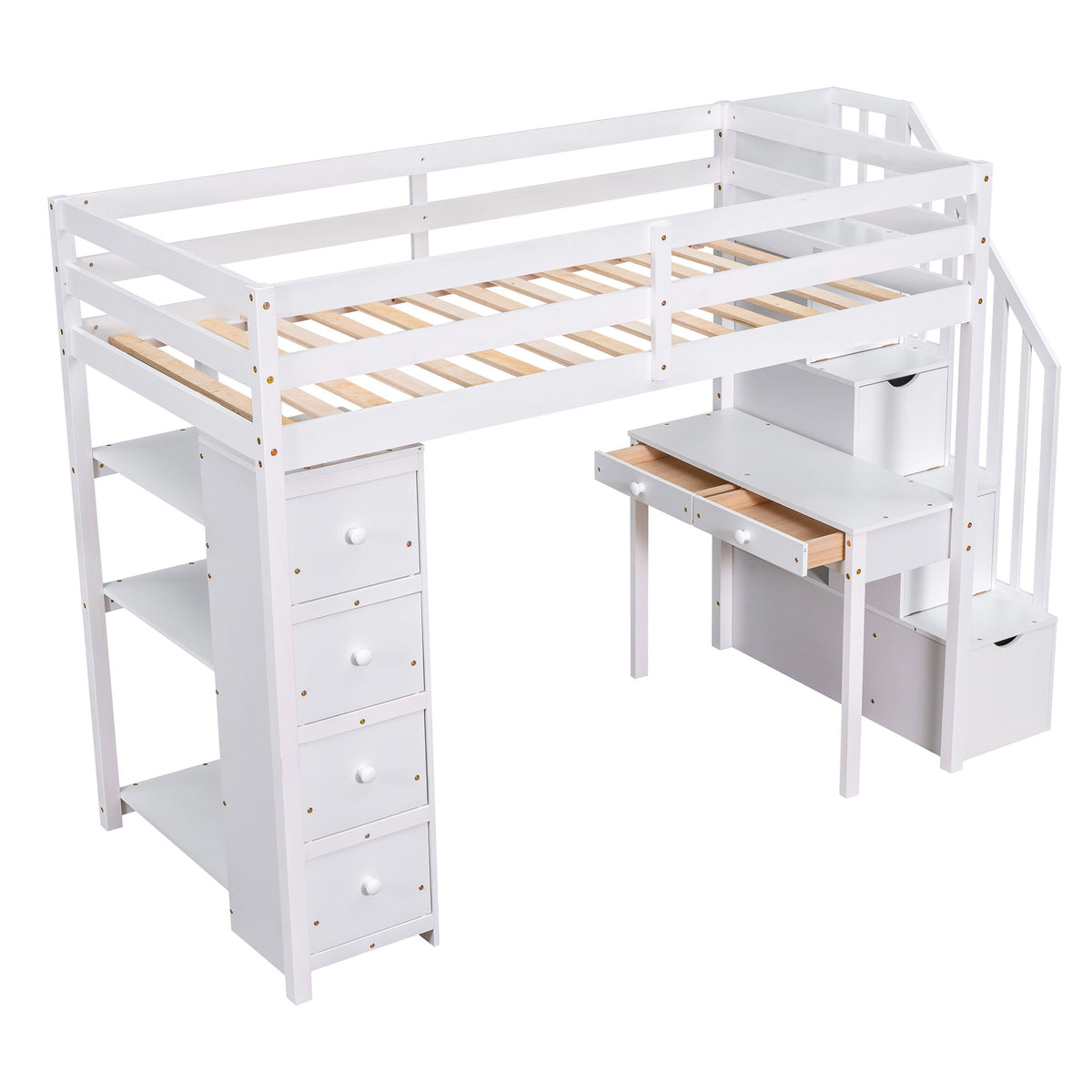Loft Bed With Storage Drawers, Desk And Stairs With Shelves