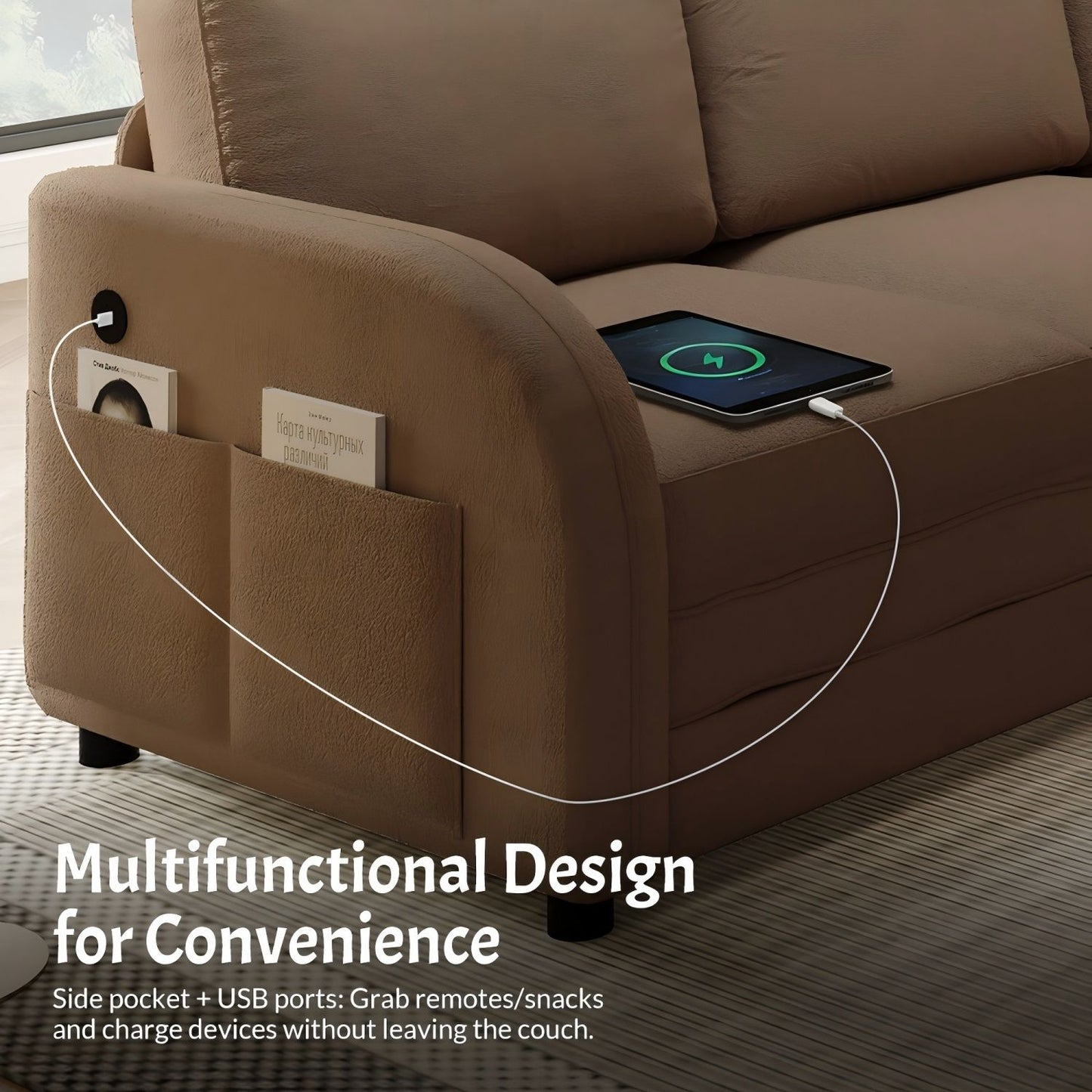 L-Shaped Couch With Pull-Out Bed, Oversize Convertible Sleeper Sofa With Side Pocket & USB Port