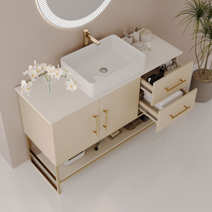 Bathroom Vanity With Vessel Sink Accent Free Standing Cabinet - Ameican White Oak / Gold / White