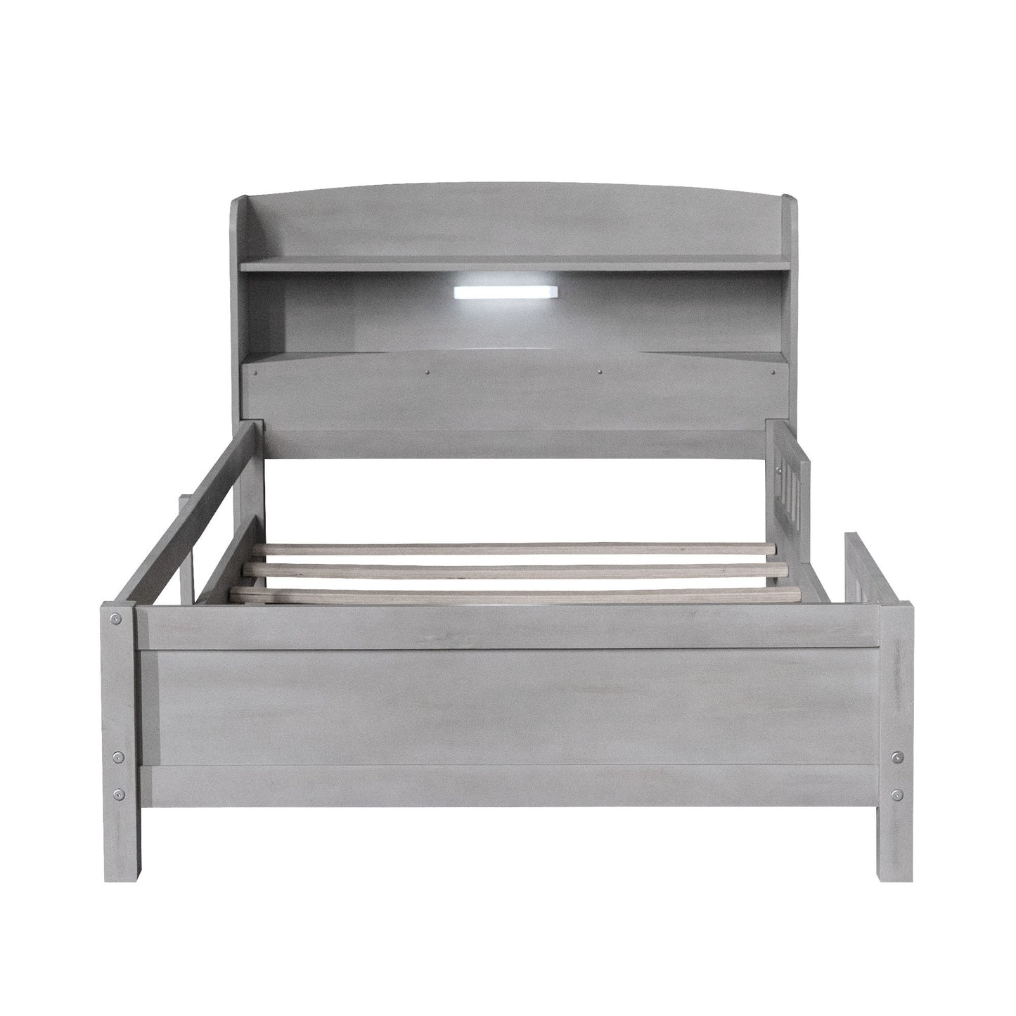 Wood Platform Bed With Built In LED Light, Storage Headboard And Guardrail