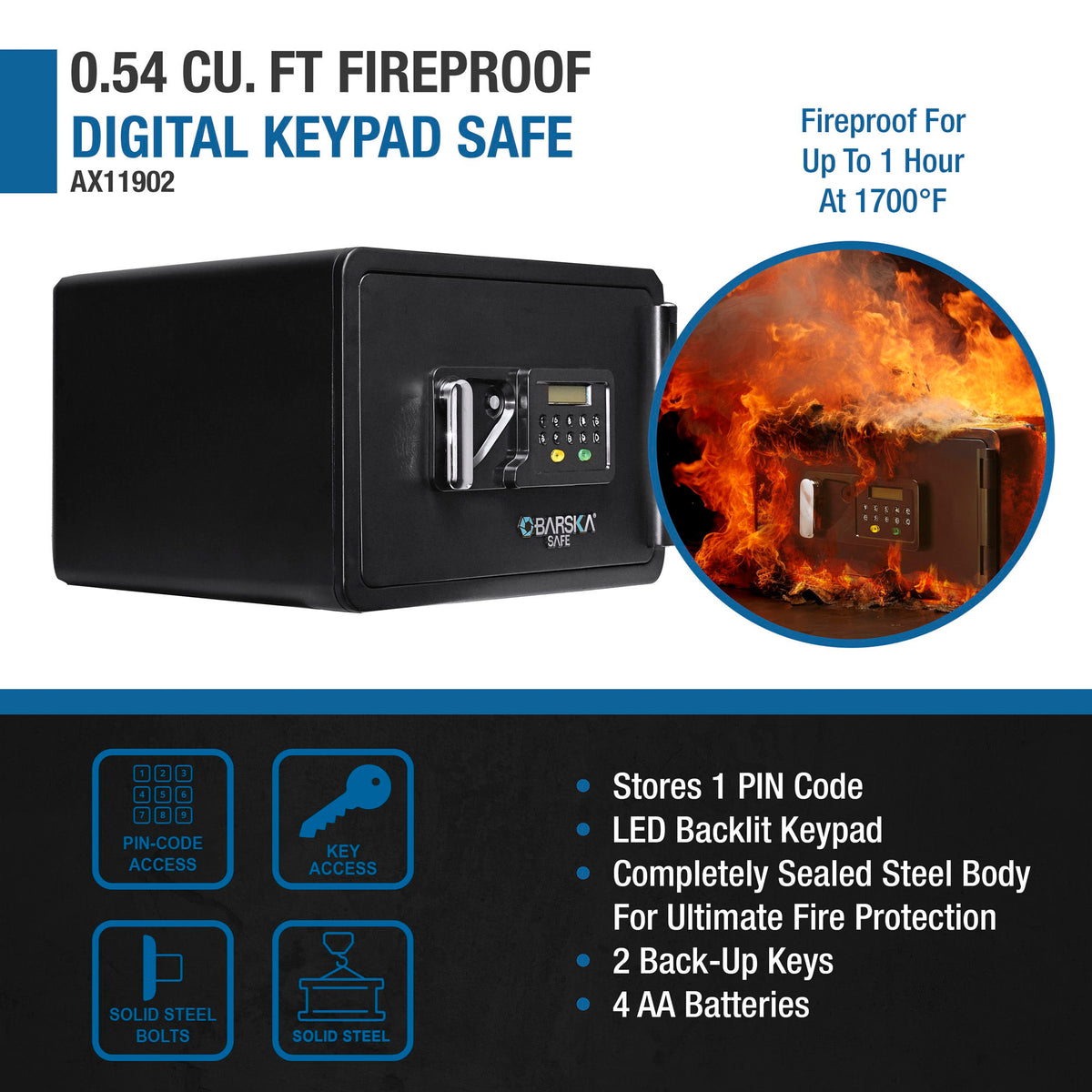 0.54 Cubic Ft Keypad Fireproof Security Safe - Black