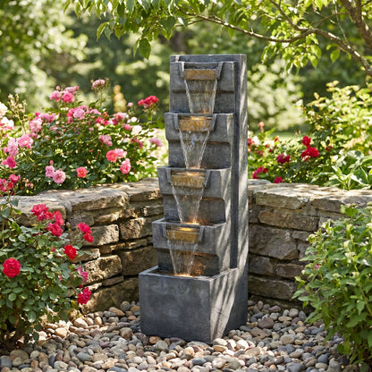 4 Tier Cascading Waterfall Fountain With Warm LED Lights, For Patio - Gray