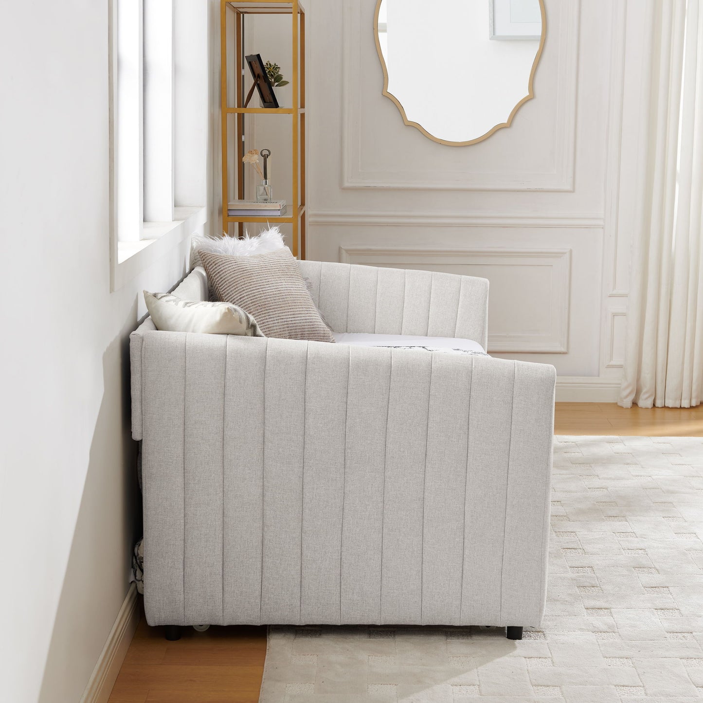 Upholstered Daybed With Trundle With Vertical Stripes
