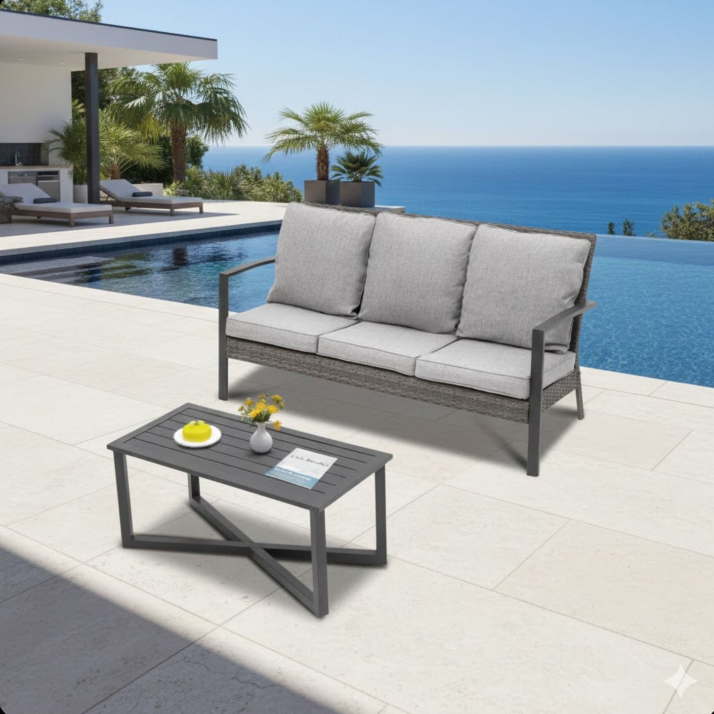 2 Piece Patio Set With Cushions & Coffee Table