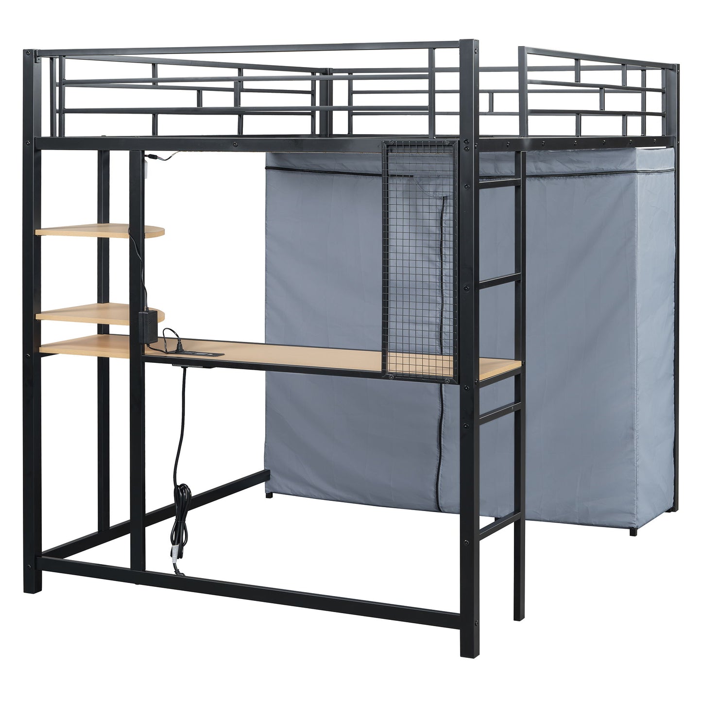 Loft Bed With Desk, Shelves, Power Outlet, LED Light And Wardrobe
