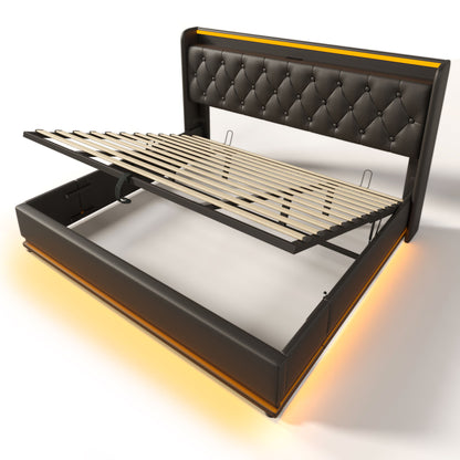 Upholstered Bed, 360 Surround LED Function, Remote Control, Hydraulic Storage Bed With USB, Type-C Charging (Without Mattress)