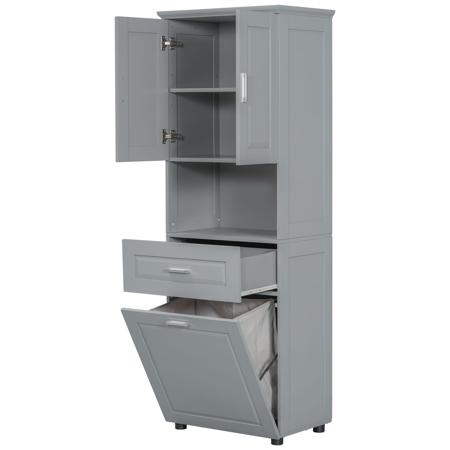 Tall Bathroom Cabinet With Tilt-Out Laundry Basket And Upper Storage