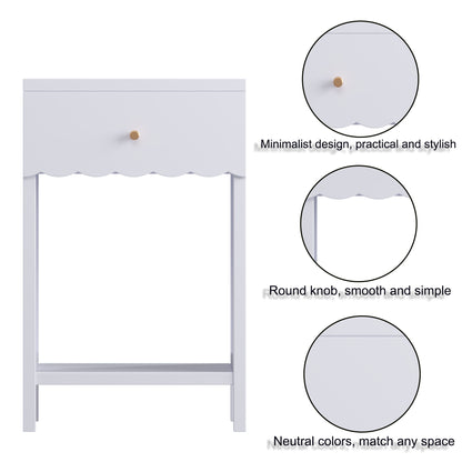 Nightstand With Drawer And Open Shelf, Scalloped Edge Bedside Table