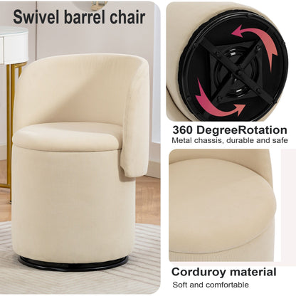 Barrel Chair, Built In Storage, 360° Swivel - Beige