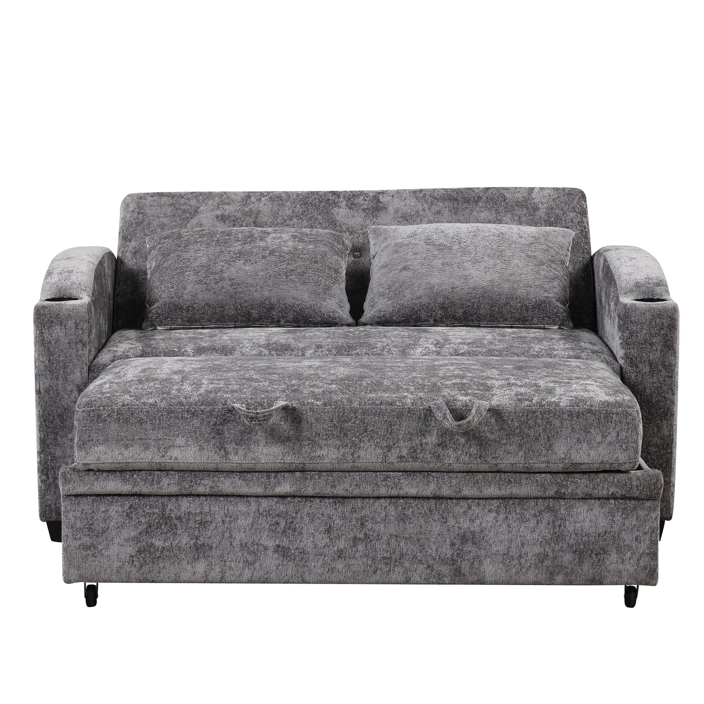Pull Out Loveseat Sofa With Adjsutable Backrest, 2 Pillows, Cup Holders, USB Ports For Living Room