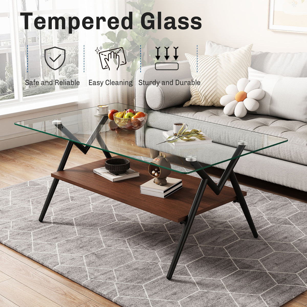 Rectangle Coffee Table With Tempered Glass Top And Shelf