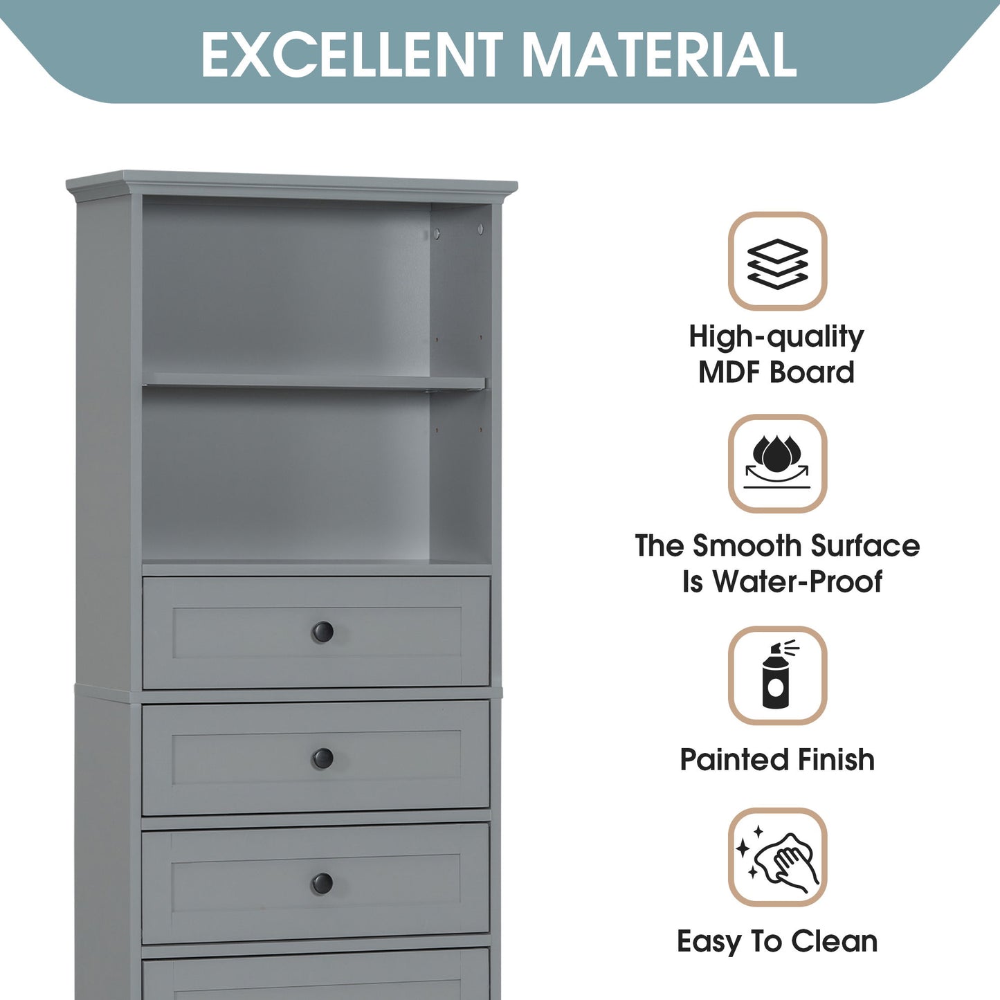 Tall Storage Cabinet With 3 Drawers And Adjustable Shelves For Bathroom