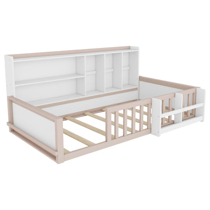 Platform Bed Frame With Guardrail, Storage Shelves & Bookshelf